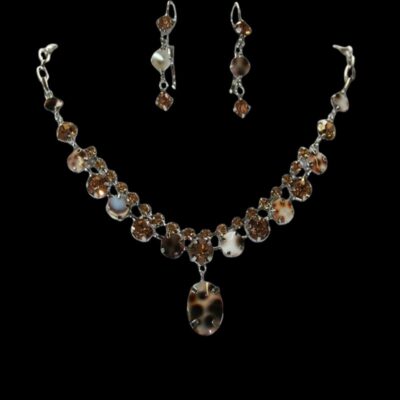 Alternative view of Swarovski Crystals/Tiger Shell Necklace + Earrings Set Brown, Gold OR Silver