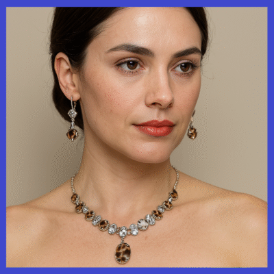 Swarovski Crystals/Tiger Shell Necklace + Earrings Set Brown, Gold OR Silver