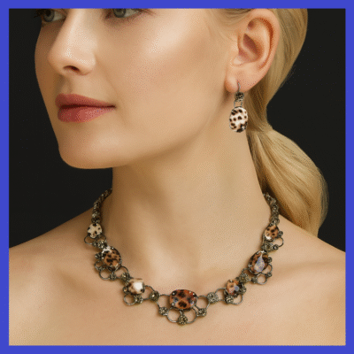 Swarovski Crystals/Tiger Shell Necklace + Earrings Set, Black OR Silver