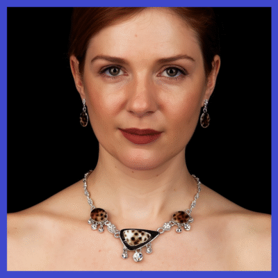 Swarovski Crystals/Tiger Shell Necklace + Earrings Set, Brown OR Silver