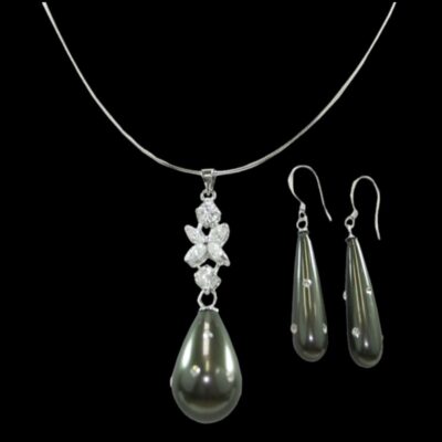 Alternative view of Mother of Pearl Necklace + Earring Set, White OR Grey