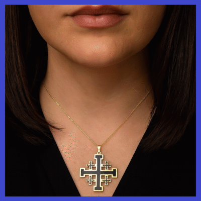 Stainless Steel Gold and Black Jerusalem Cross Pendant 31x40mm