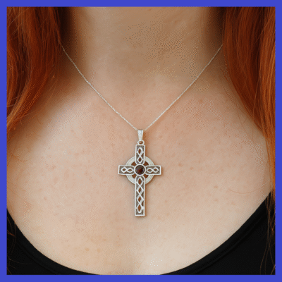 Sterling Silver 24.5x43mm Garnet Celtic Cross Pendant