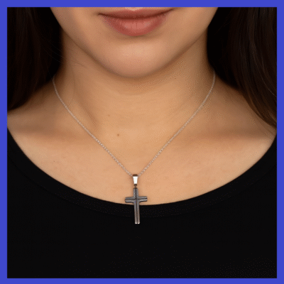 Sterling Silver CZ Cross Pendant 9x14mm Rhodium Plated