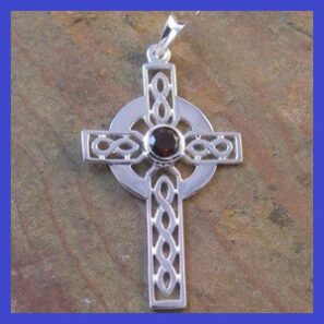 Sterling Silver 24.5x43mm Garnet Celtic Cross Pendant