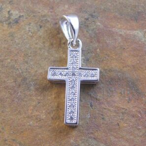 Sterling Silver CZ Cross Pendant 9x14mm Rhodium Plated - Image 2
